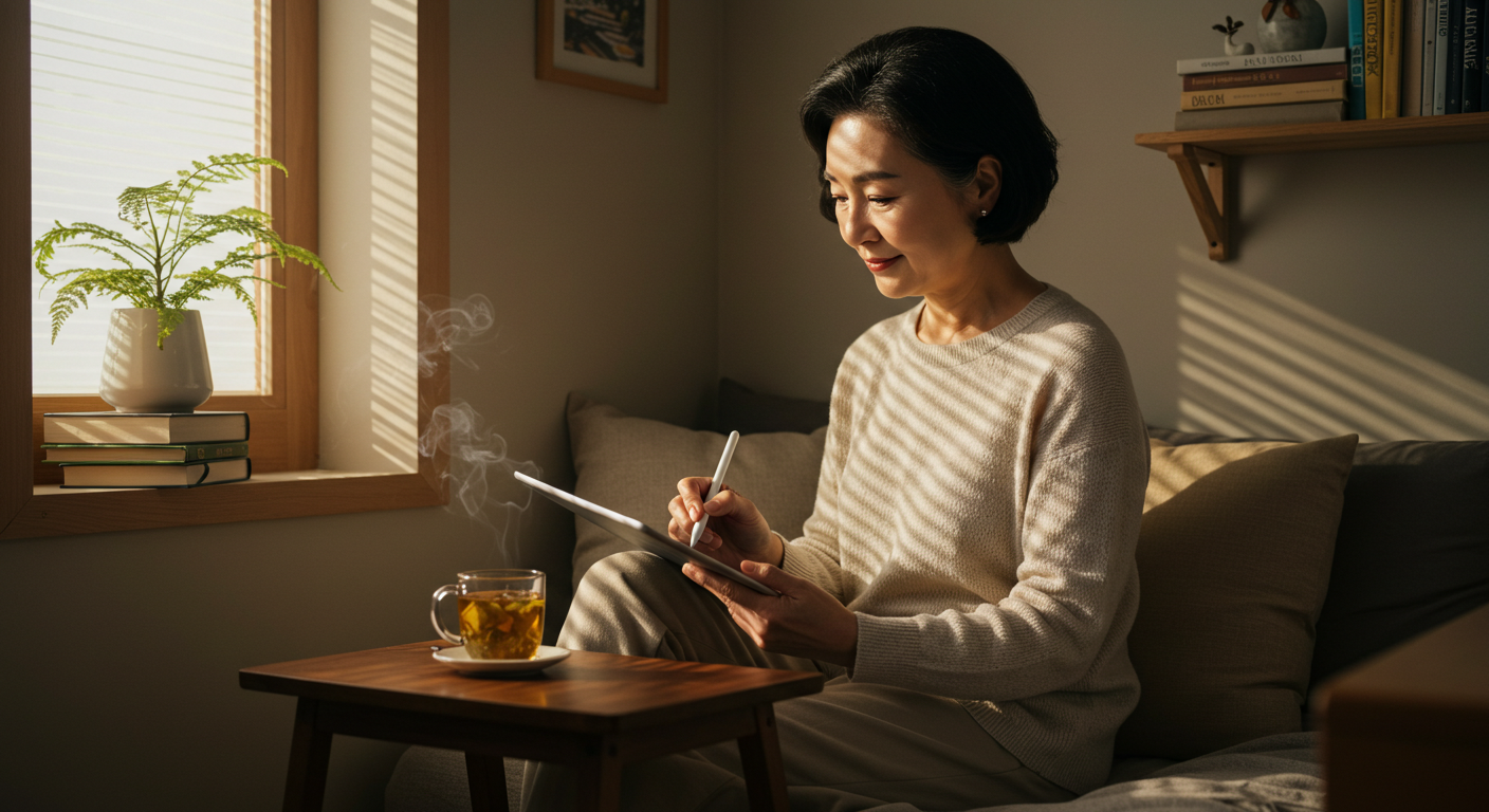 태블릿에 글을 쓰는 여성