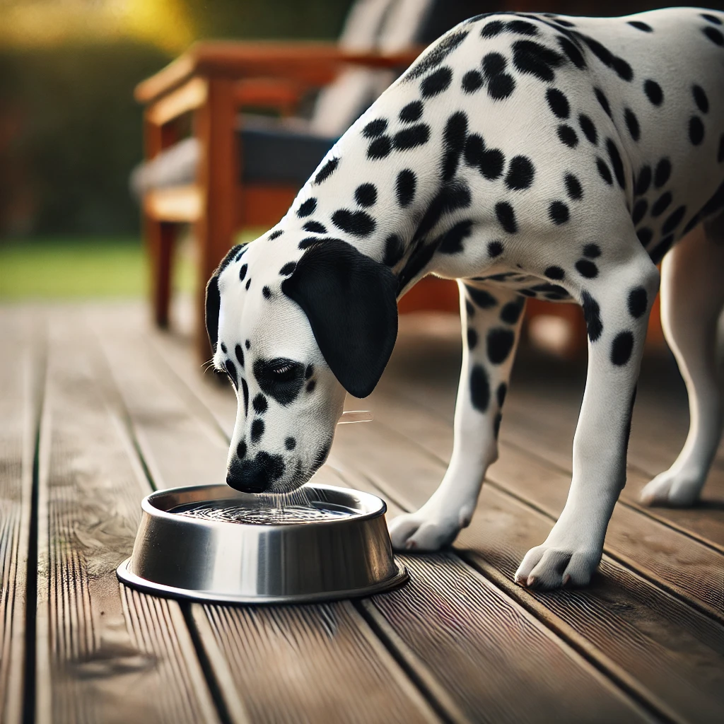나무 데크 위에서 은색 물그릇으로 물을 마시는 달마시안, 정원 배경