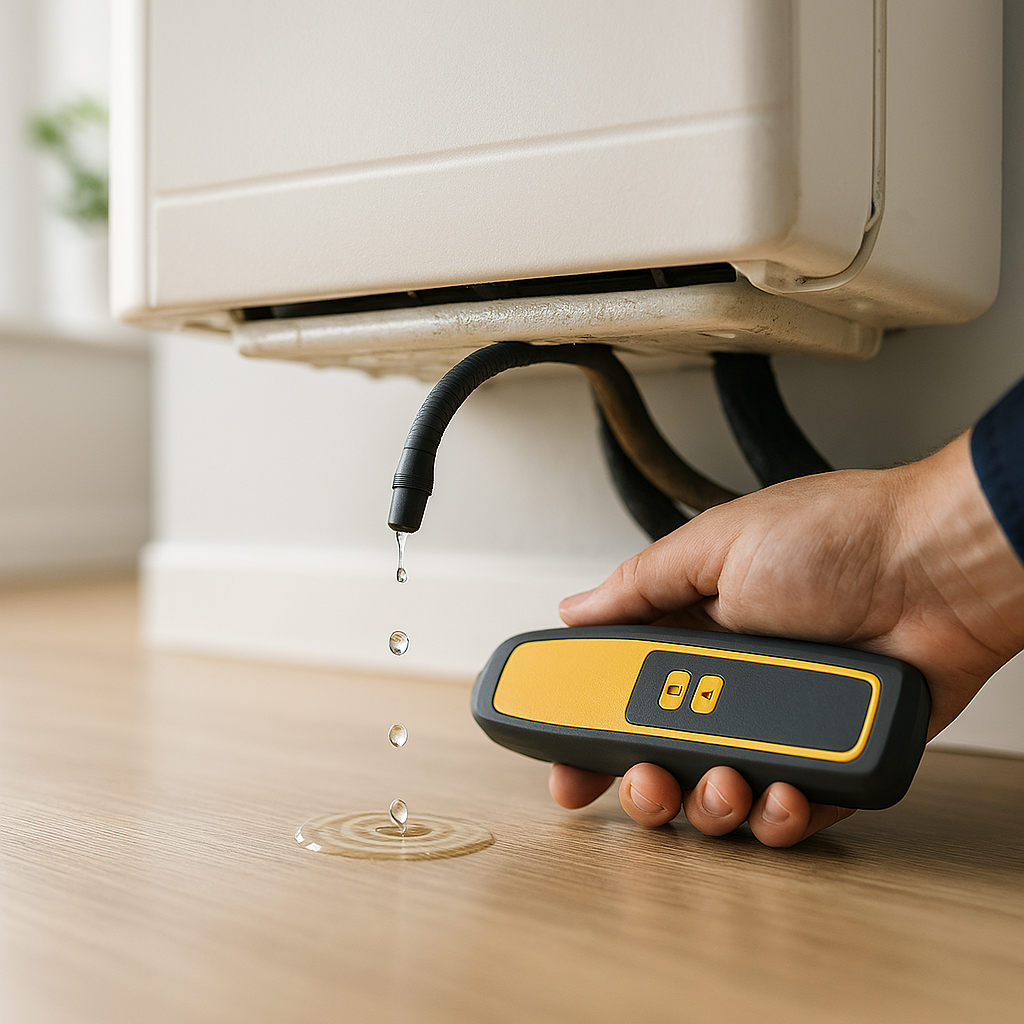 에어컨에서 물이 뚝뚝 떨어지는 모습을 보여주는 실내 상황