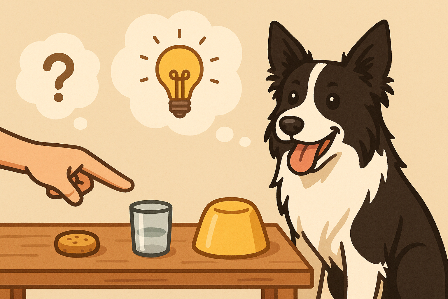 보더 콜리가 테이블 위에 놓여져 있는 여러 개의 물건 중 하나를 맞추는 이미지