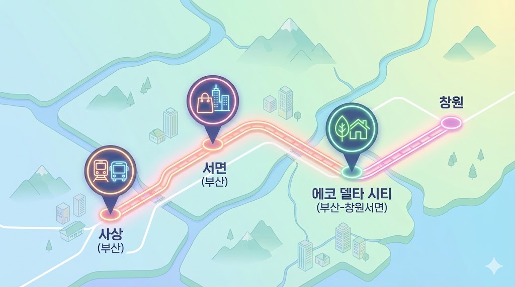 부전-마산선 노선도와 주요 추천 거주지인 사상, 서면, 에코델타시티를 표시한 아이소메트릭 지도