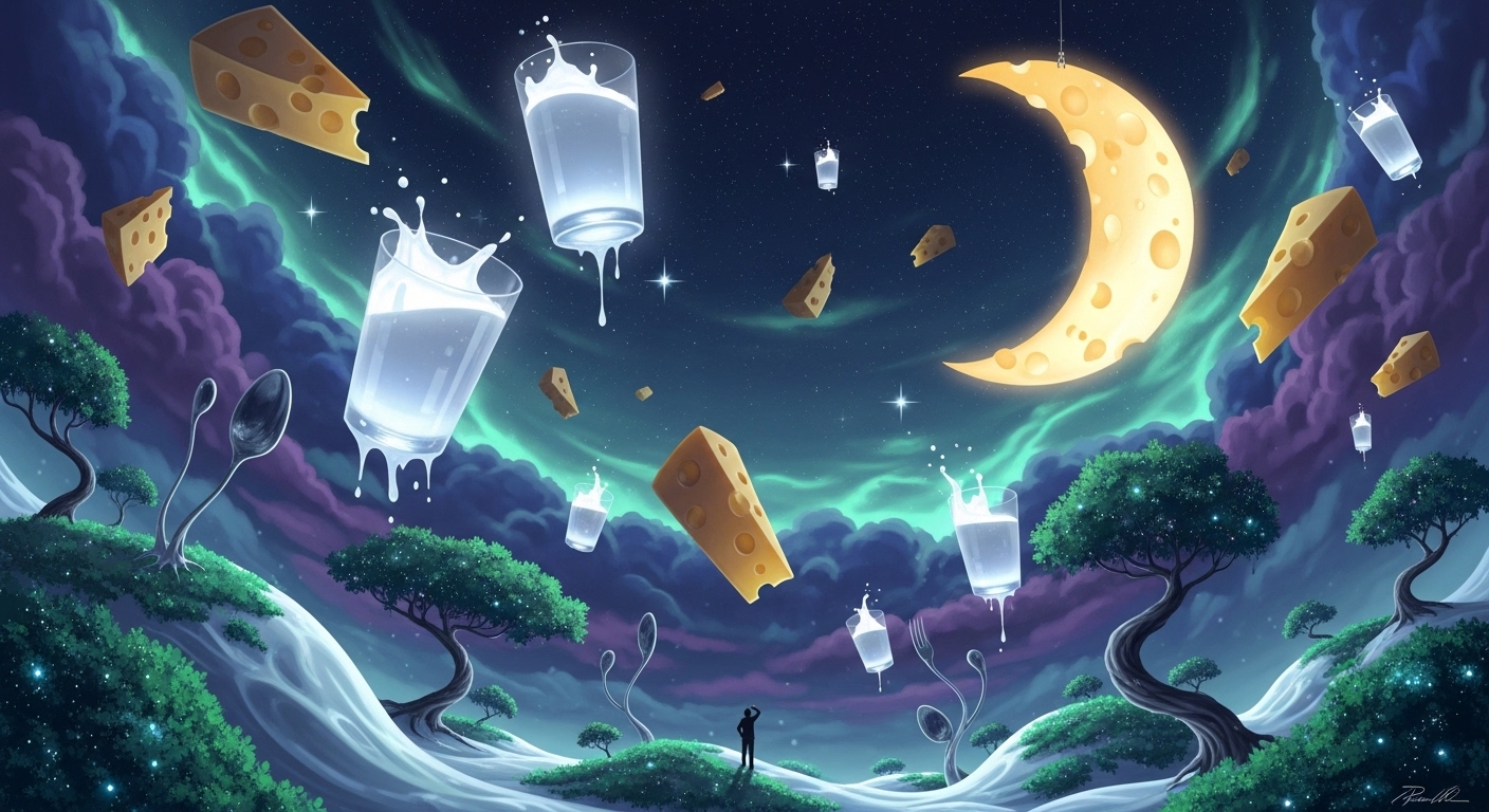 우유와 치즈가 둥둥 떠다니는 몽환적이고 기이한 꿈속 풍경