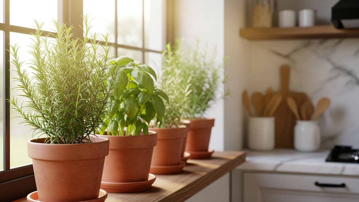 주방 창가 햇살 아래 나란히 놓인 신선한 로즈마리와 바질 허브 화분들이 아늑하고 활기찬 주방 인테리어와 조화를 이루고 있는 모습 이미지