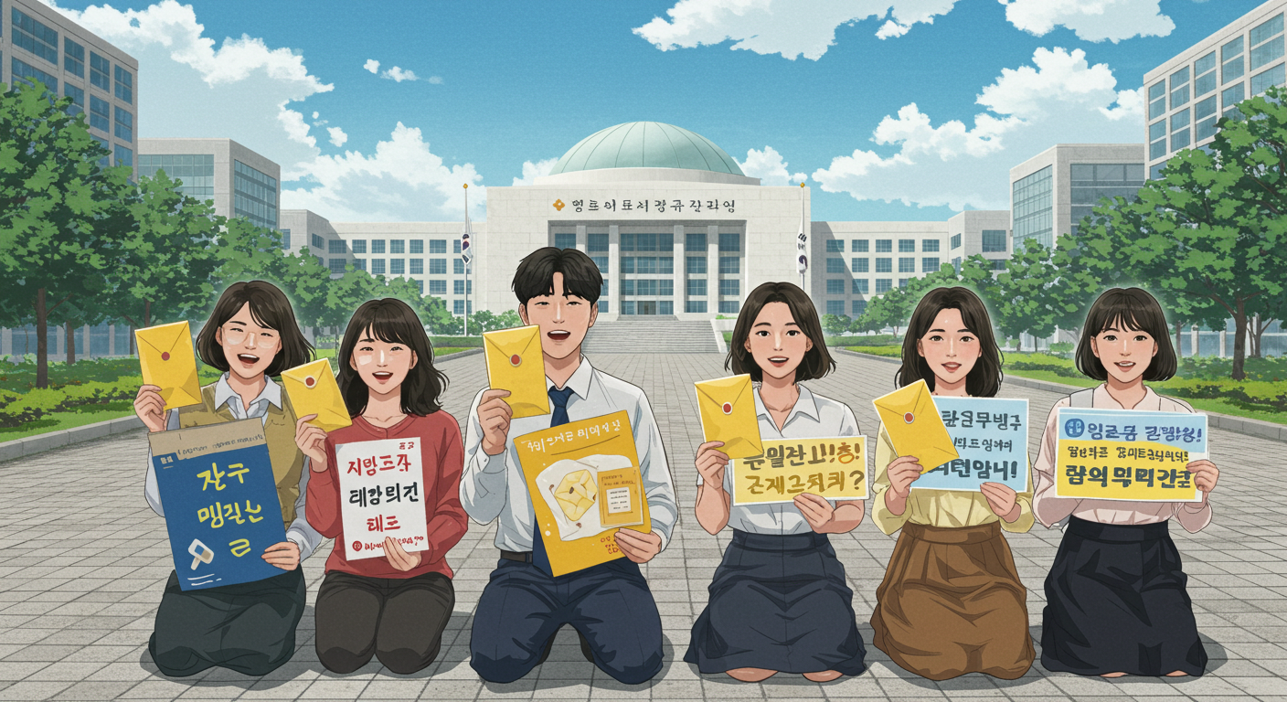 청년 단체가 국회 앞에서 노란봉투법 지지를 외치는 모습