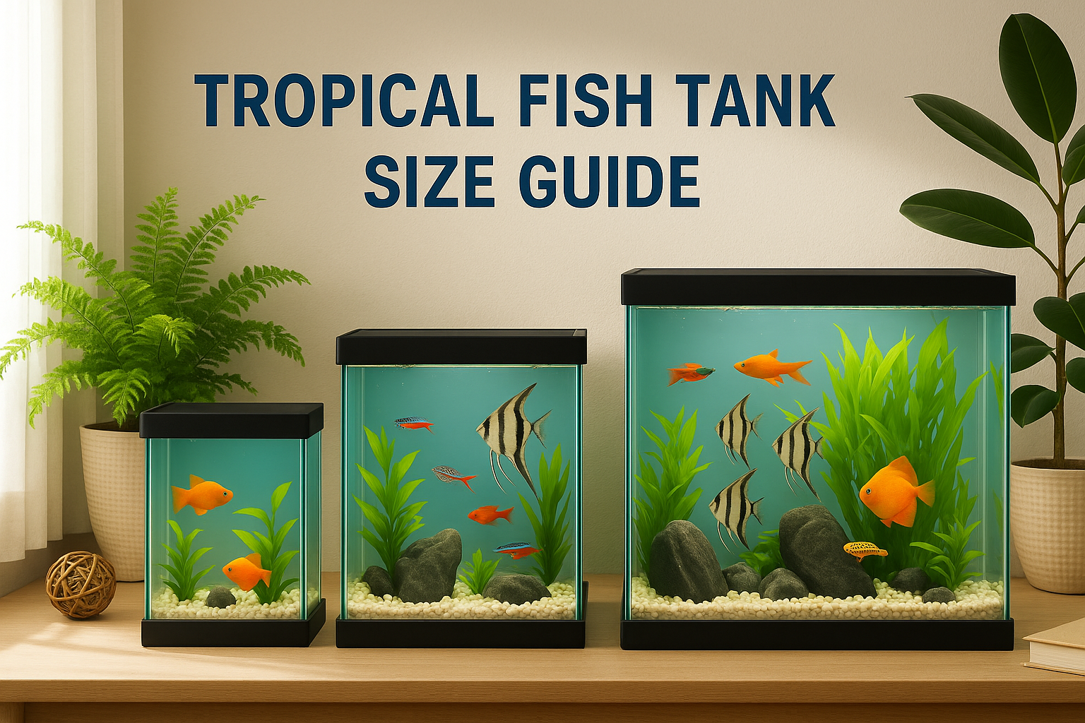 집안의 여러 위치에 열대어 수조가 배치된 모습. 창가, 벽면, 거실 한켠 등 다양한 장소에 수조가 놓여 있고, 각 위치 옆에는 ‘직사광선 피하기’, ‘온도 유지’, ‘관리 용이’ 등 선정 팁이 간단히 표시되어 있음.