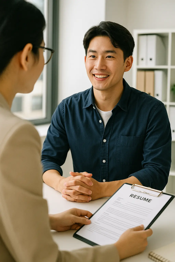 젊은 구직자가 상담자와 마주 앉아 이력서를 앞에 두고 밝게 상담 중인 장면, 국민취업지원제도 상담을 시각화한 이미지, 텍스트 없음