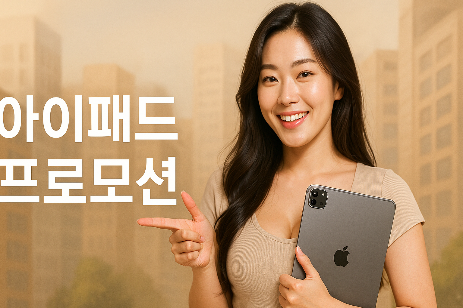 아이패드-프로-들고-웃는-한국인-여성-한손은-가슴-앞에-제품-안고-다른-손으로-왼쪽-문구-가리킴-배경은-부드러운-추상-건물-톤-전체적으로-따뜻하고-밝은-분위기-아이패드-프로모션-텍스트-중앙배치
