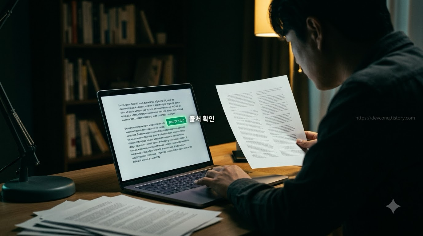 요약 문장 아래 출처 링크를 눌러 원문과 대조하는 손과 노트북 화면