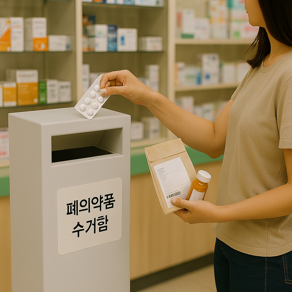 여성이 약국 내 폐의약품 수거함에 유통기한 지난 약을 넣고 있는 장면