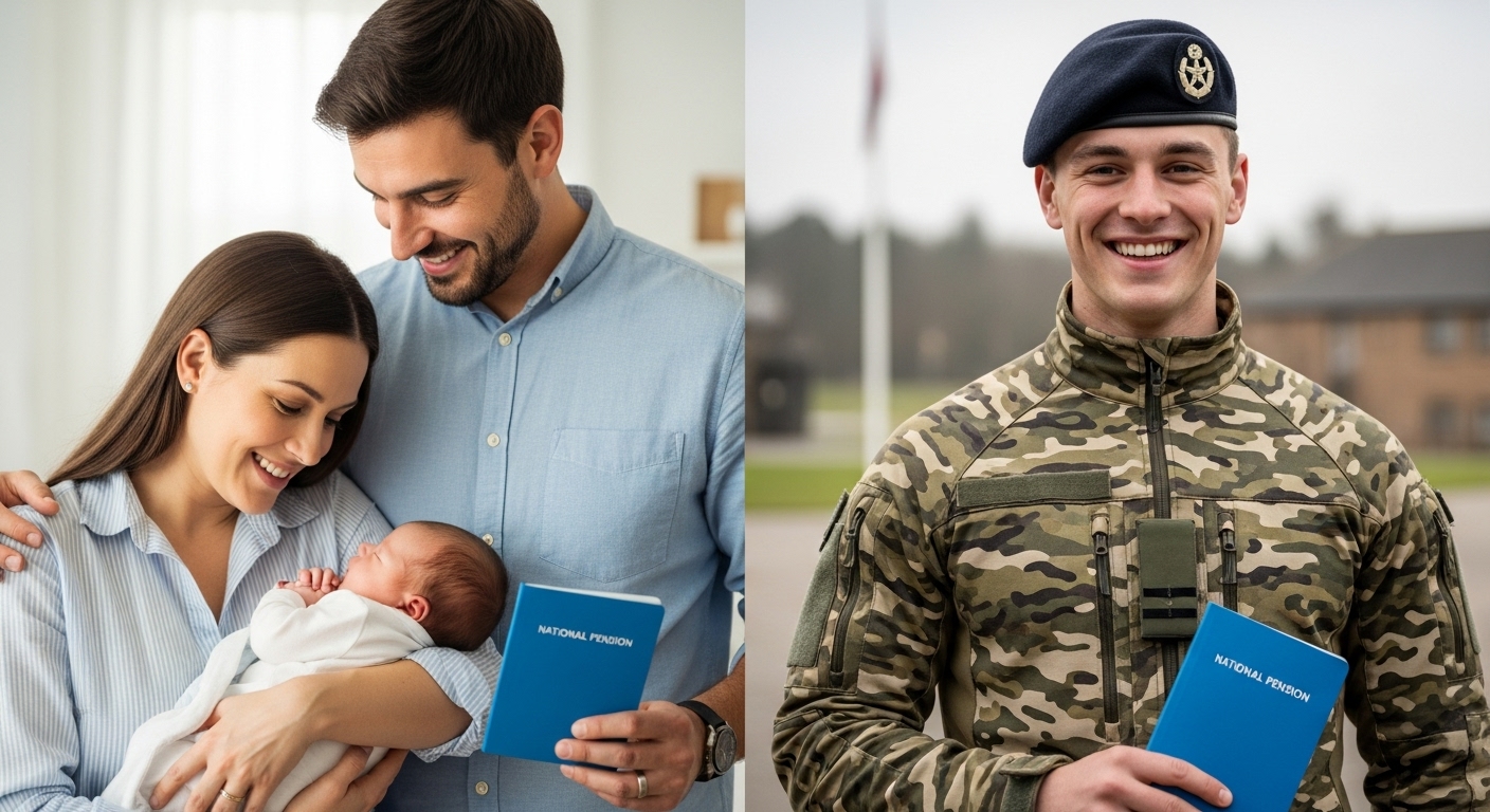 아기를 안고 있는 부모와 군복을 입은 청년이 국민연금 통장을 들고 활짝 웃는 이미지