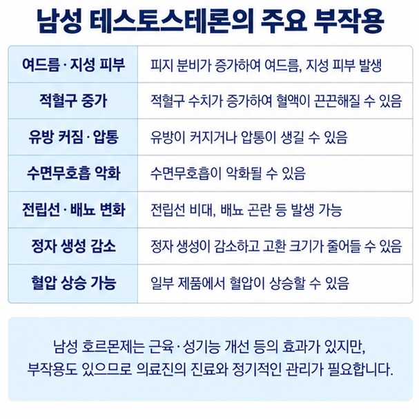 남성 테스토스테론 치료에서 여드름 적혈구 증가 수면무호흡 전립선 변화 정자 감소 혈압 상승을 보여주는 이미지