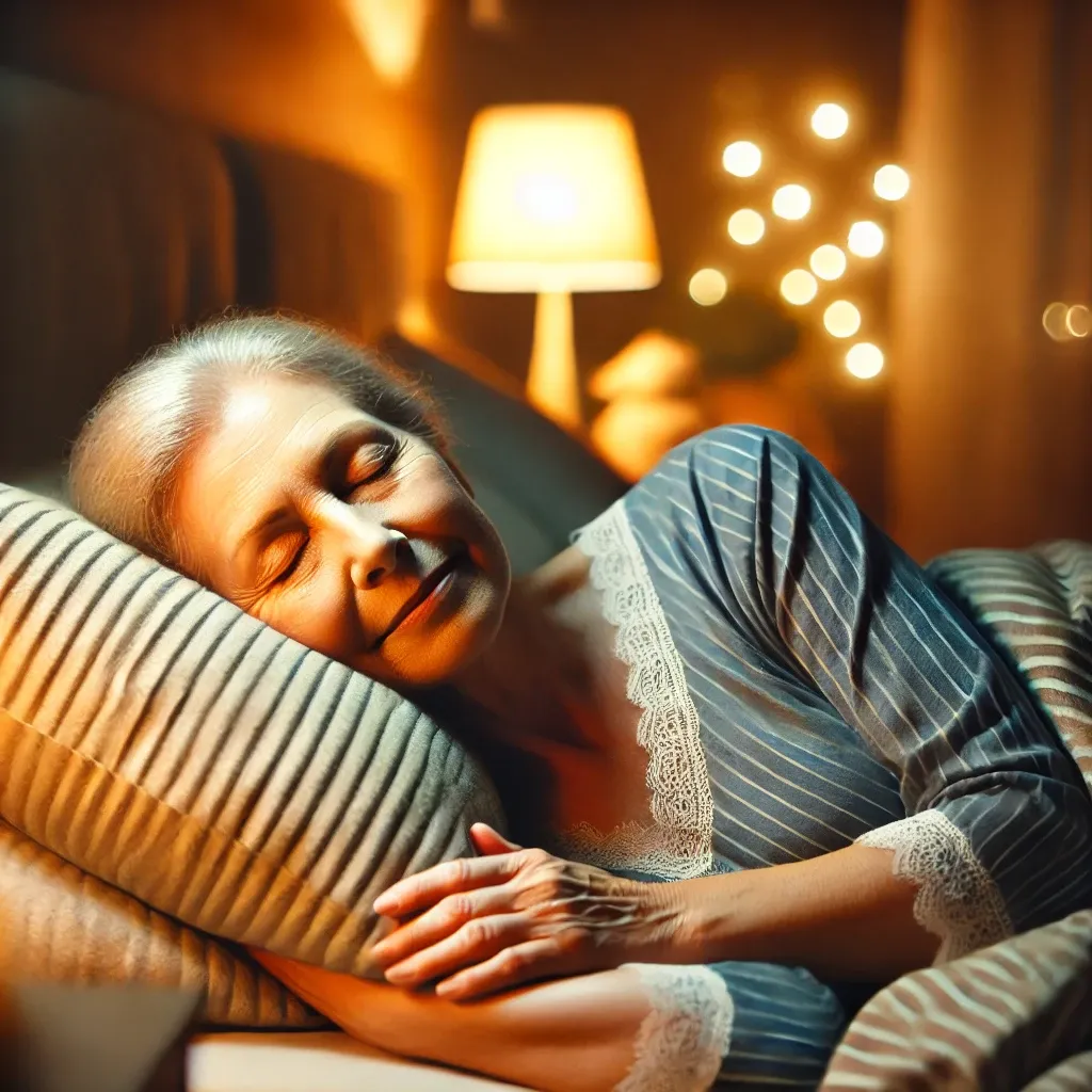 안락한 침실에서 편안하게 잠든 노인의 모습. 따뜻한 조명이 은은하게 비치고 침대에서 평온한 수면을 취하고 있다.