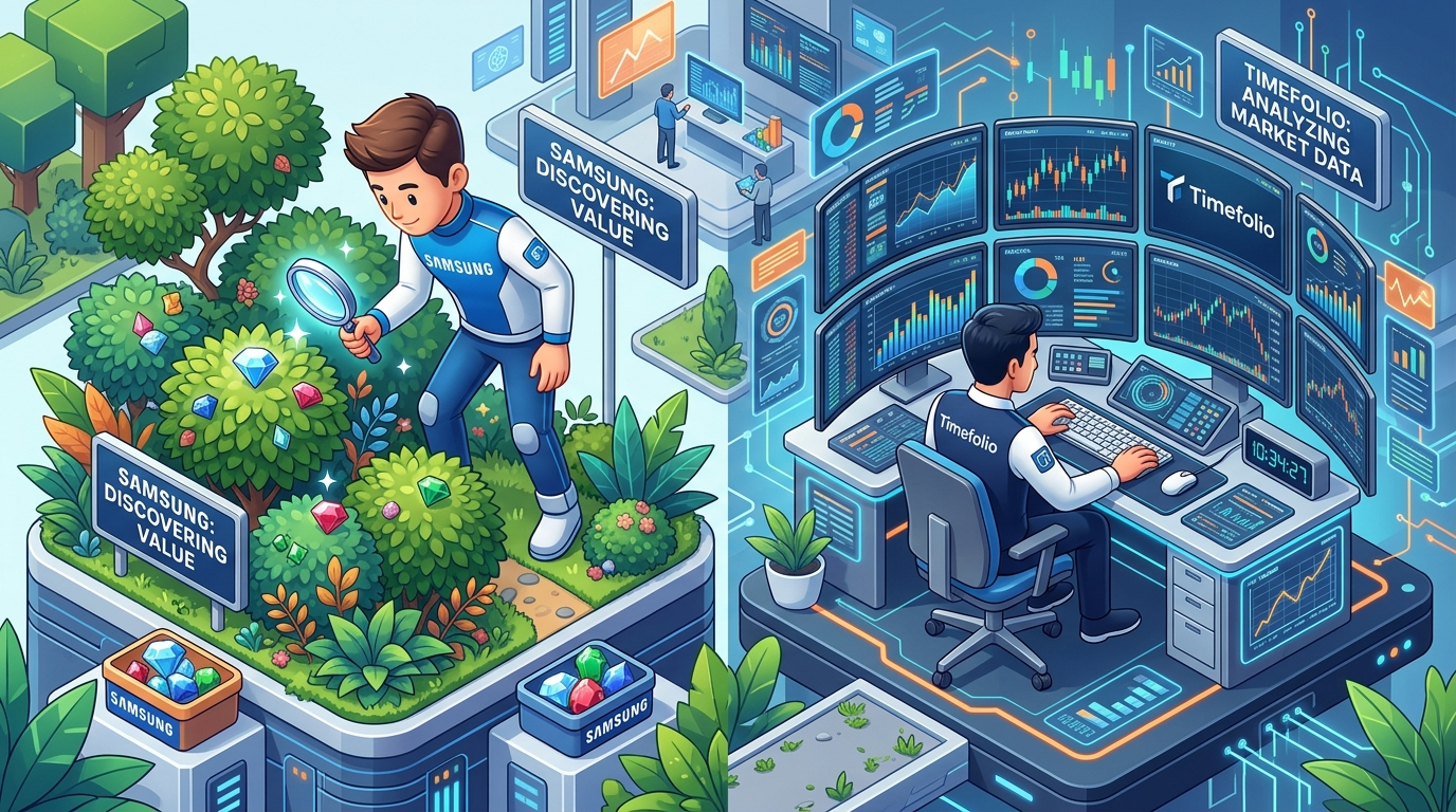 돋보기를 들고 보석을 찾는 삼성(KoAct) 로고 캐릭터와, 수많은 모니터 앞에서 데이터 그래프를 분석하는 타임폴리오(TIME) 로고 캐릭터의 대비 3D 일러스트