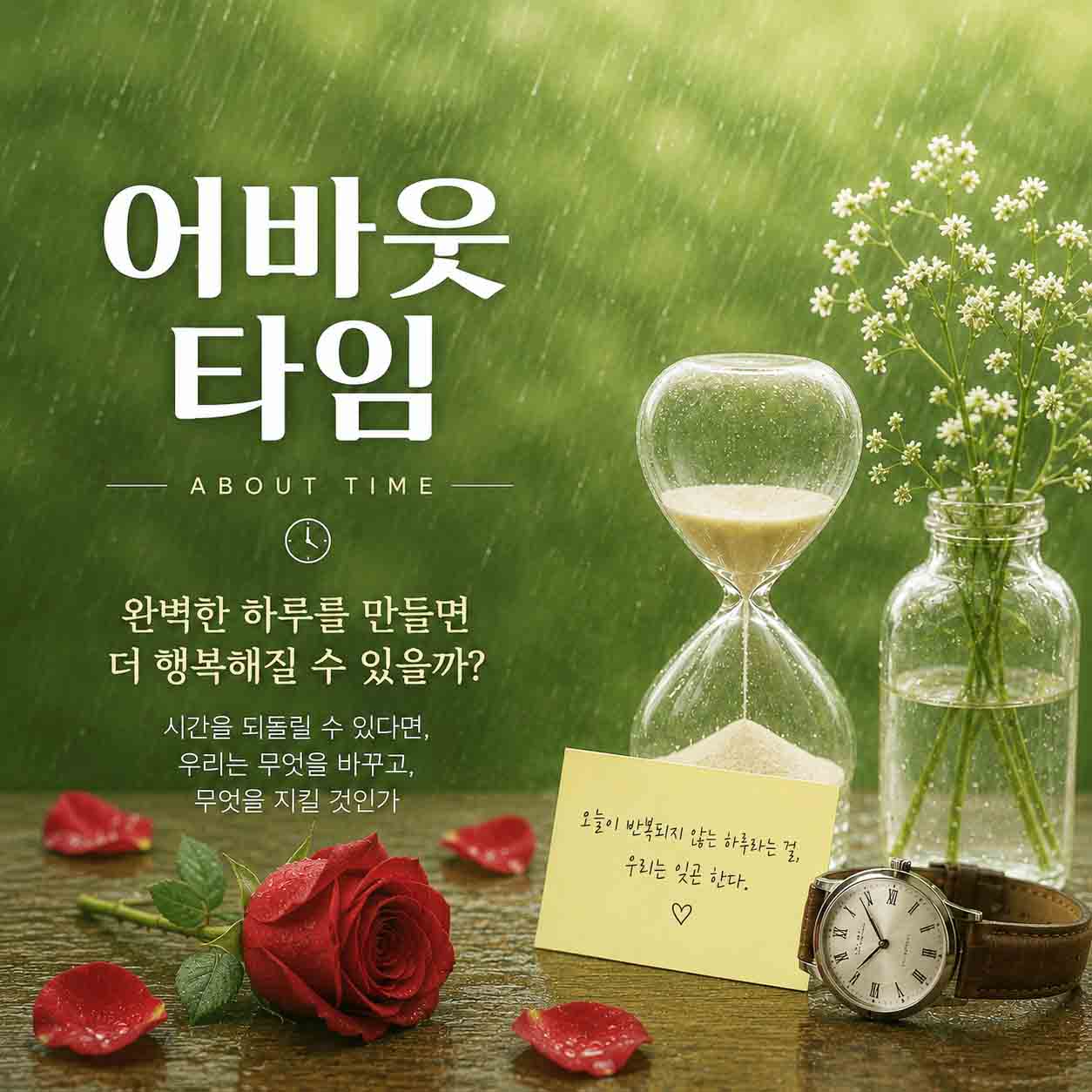 어바웃 타임 메인 포스터 이미지, 빗속 모래시계와 장미로 표현한 시간과 사랑