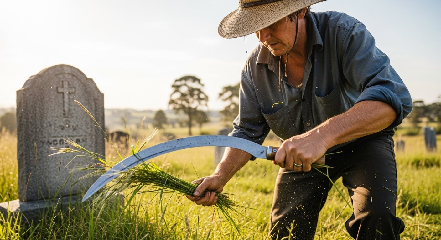 묘지에서 풀을 베는 남성