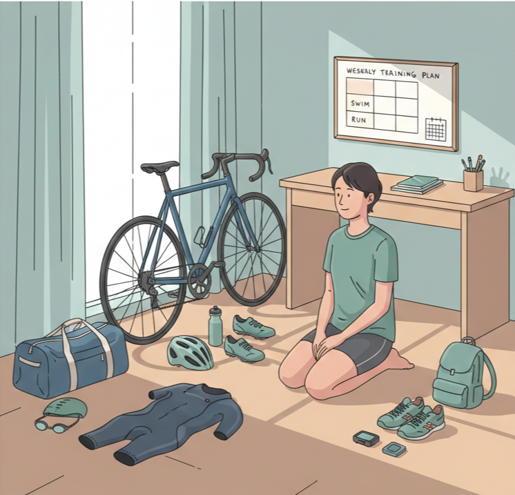 철인3종 입문자가 수영, 사이클, 러닝 훈련을 준비하는 모습