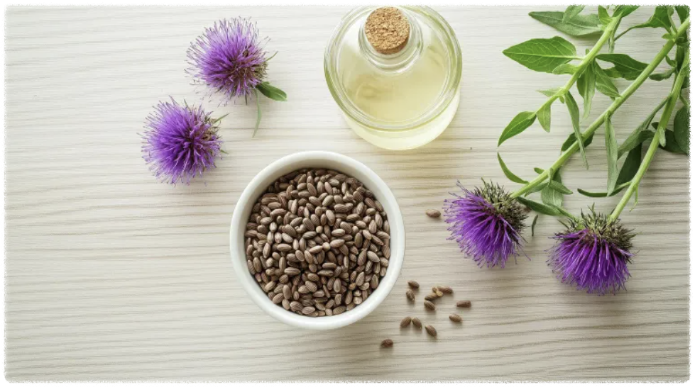 밀크씨슬 원료 또는 간 건강 기본 관리 컨셉 이미지