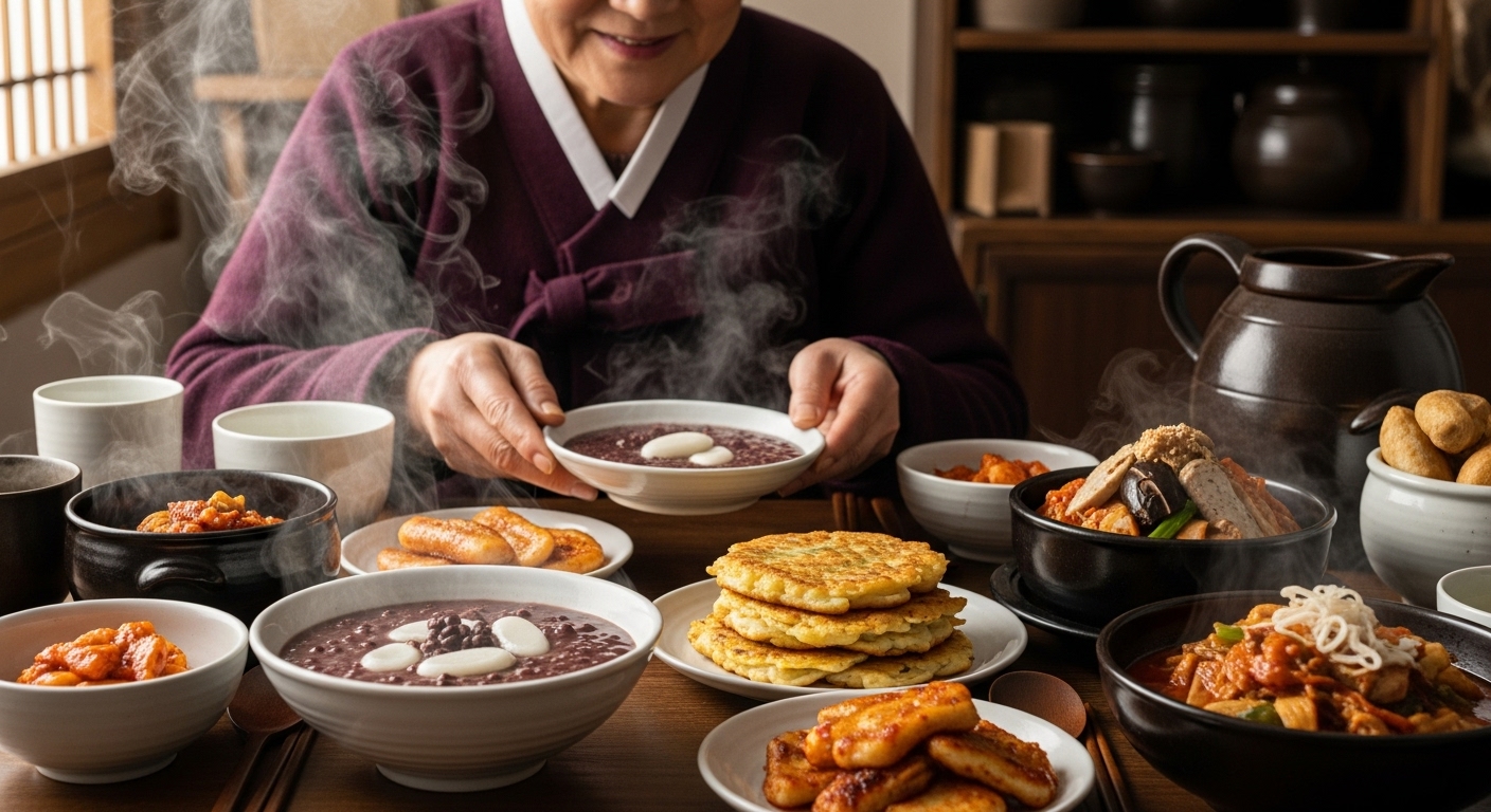 추운 겨울, 할머니의 따뜻한 손길로 차려진 정성 가득한 팥죽, 붕어빵, 동태탕 등 한국 전통 겨울 음식 한 상차림.