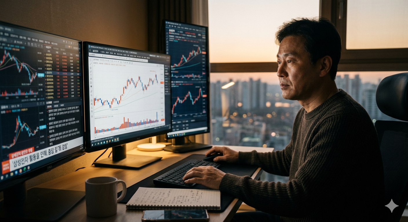 여러 개의 모니터에 삼성전자 주가 차트와 지정학적 뉴스(모두 블러 처리)를 띄워두고, 해 질 녘 창밖을 바라보며 깊은 생각에 잠긴 한국인 개인 투자자의 모습. 책상 위에는 필기구가 놓인 공책과 커피 잔이 있으며, 차분하고 복합적인 감정이 느껴지는 분위기.