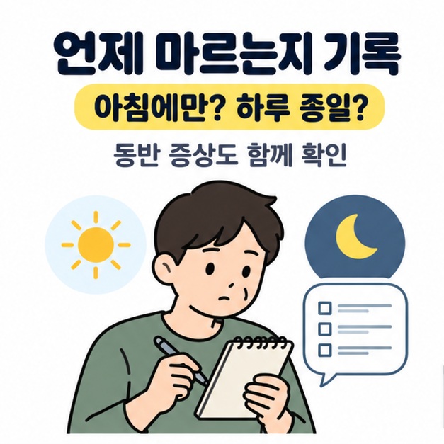 해와 달 아이콘 옆에서 아침과 하루 종일의 건조함 및 동반 증상을 메모하는 인물 그림