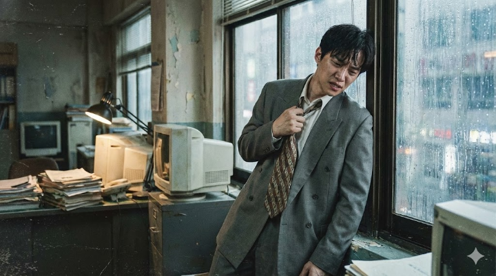 이준호(강태풍)가 낡은 사무실 창가에 기대어 넥타이를 거칠게 푸는 장면