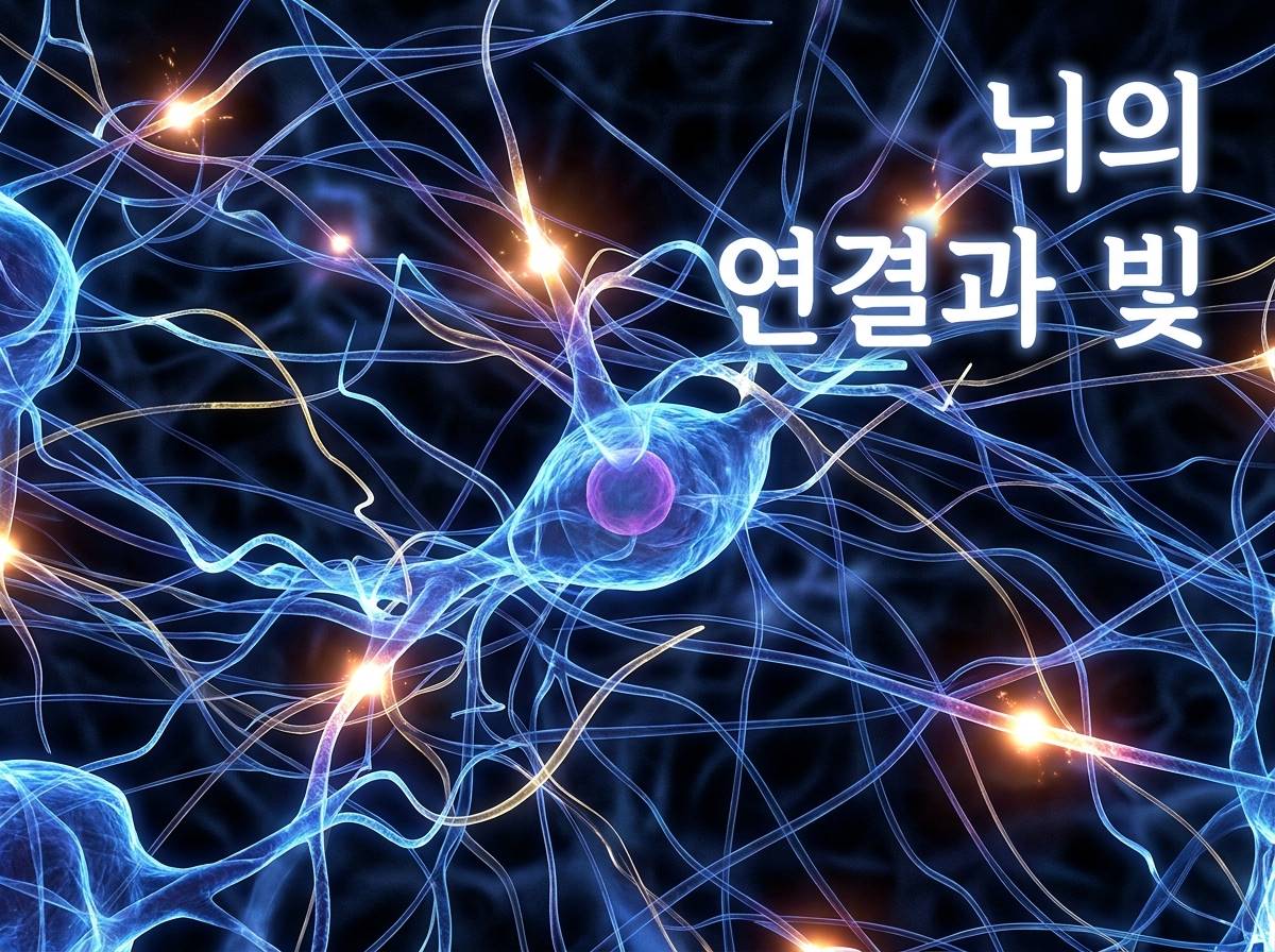 뇌의 뉴런과 시냅스가 반짝이며 연결되는 추상적인 그래픽