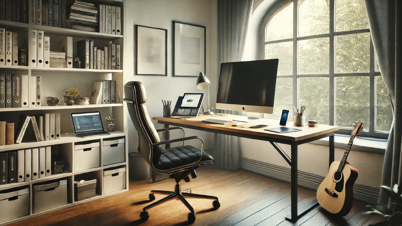 현대적인 홈 오피스에서 스마트폰을 포함한 데스크탑 셋업.