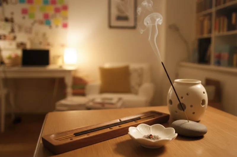 다양한 형태의 인센스 홀더가 정갈하게 놓인 따뜻한 실내 장면