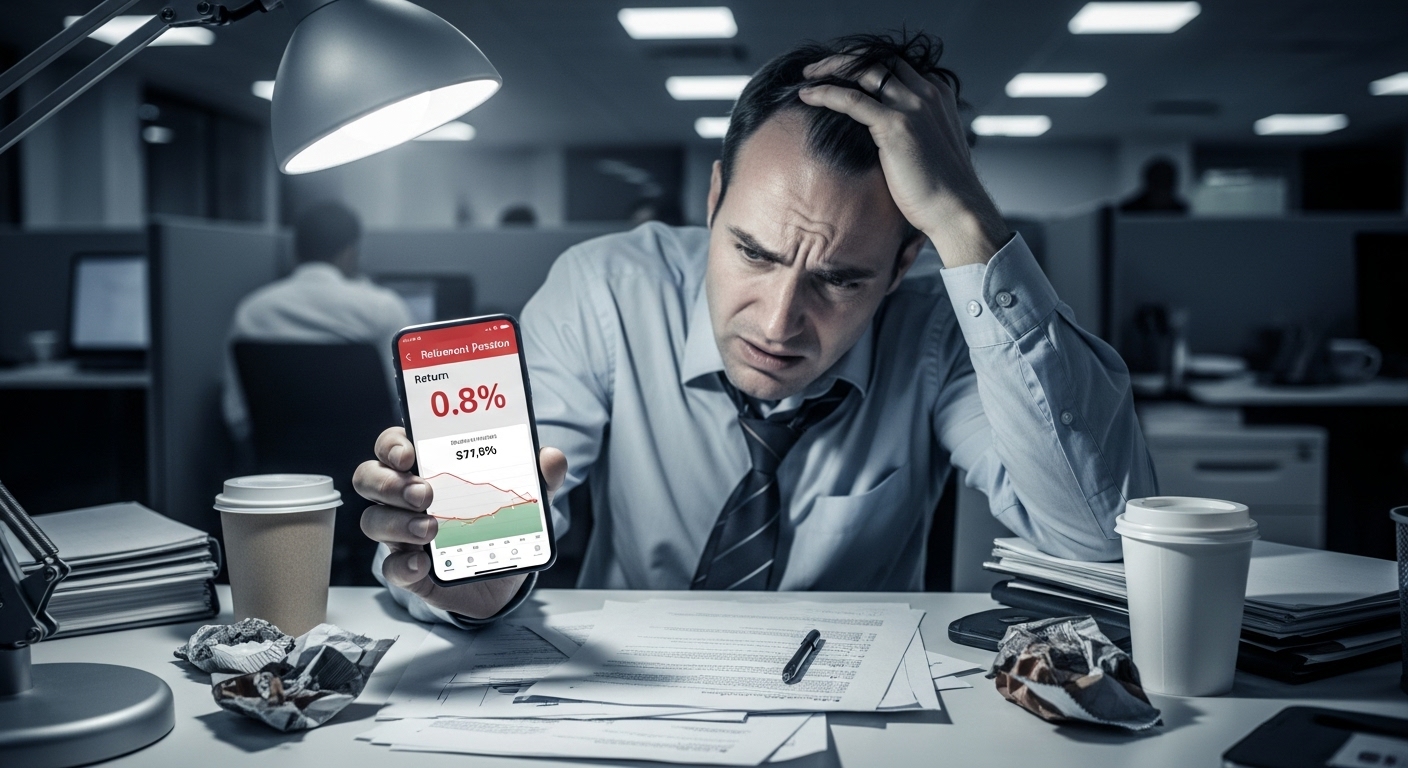 "수익률 0.8%"가 찍힌 퇴직연금 앱 화면을 보며 한숨 쉬는 직장인