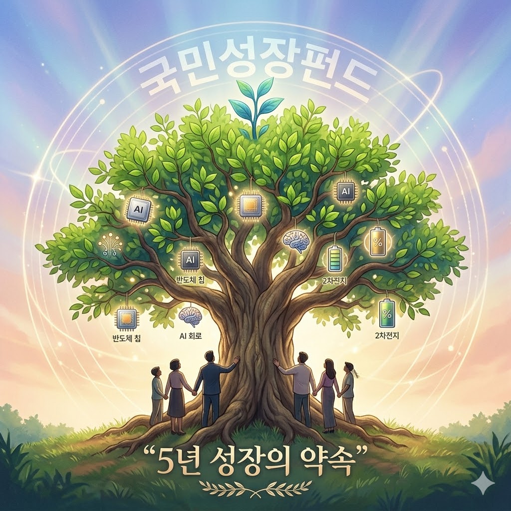 푸른 새싹이 자라는 거대한 나무를 중심으로, 나뭇가지에 반도체 칩, AI 회로, 2차전지 아이콘이 열매처럼 달려 있는 모습.

나무 아래에 여러 명의 사람들이 손을 모아 나무를 지키는 실루엣 (국민 참여 상징).

배경은 부드러운 그라데이션 하늘과 미세한 빛줄기.

하단에 &ldquo;5년 성장의 약속&rdquo;이라는 우아한 서브 타이틀.