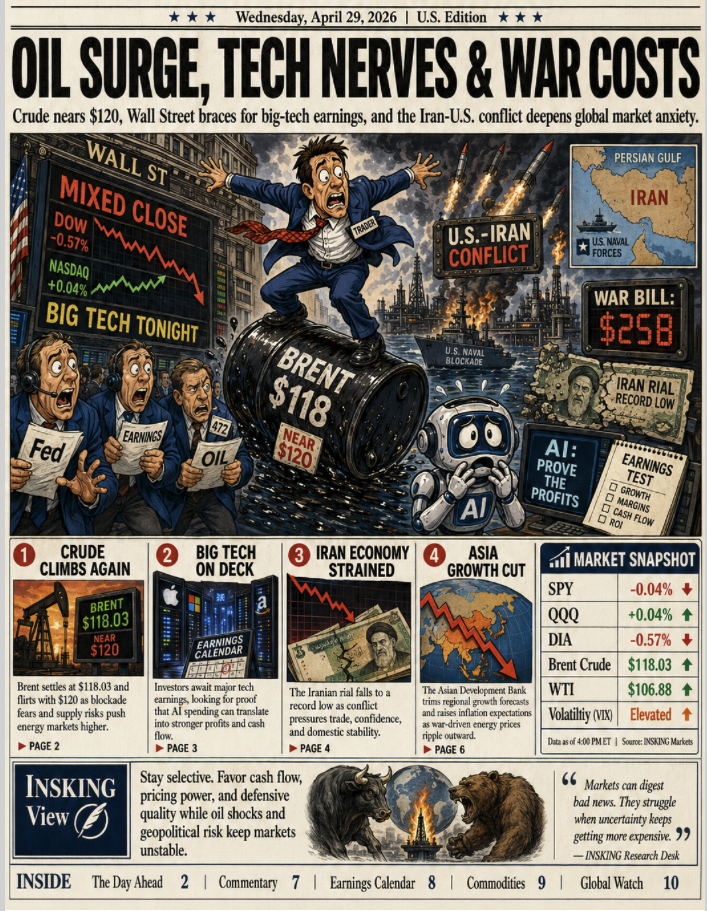 2026년 4월 29일 미국 증시 정리. 다우 -0.57%, 브렌트유 $118.03 마감&middot;장외 $120 접근
