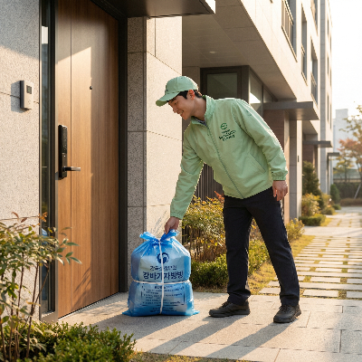 친환경 유니폼을 입은 배송 요원이 현대적인 아파트 현관문 앞에 정갈하게 포장된 종량제 봉투 묶음을 놓아두는 모습. 따스한 아침 햇살이 비치며, 비대면 배송의 편리함과 신뢰감을 강조하는 8k 초고해상도 라이프스타일 사진