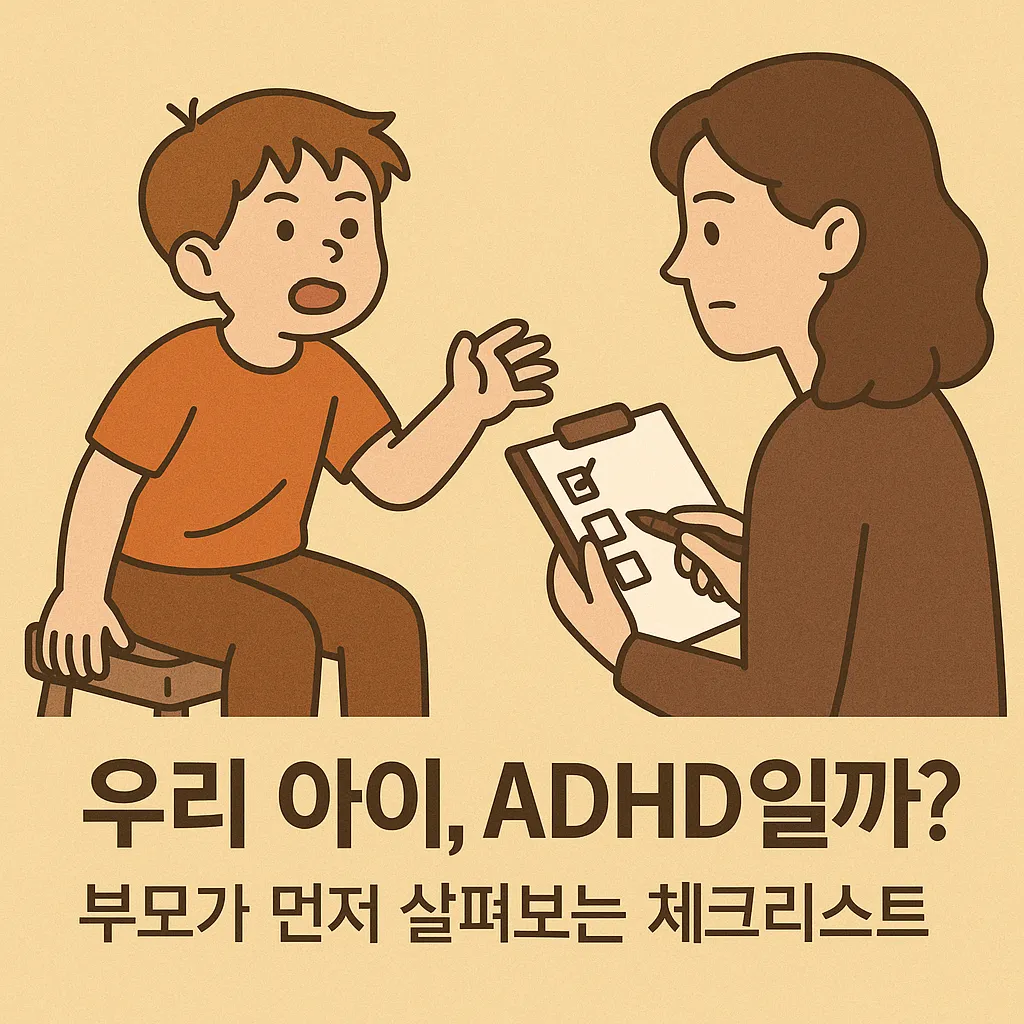 ADHD가 의심되는 아이와 체크리스트를 들고 관찰하는 부모의 모습, '우리 아이, ADHD일까? 부모가 먼저 살펴보는 체크리스트'라는 문구가 아래에 적혀 있음