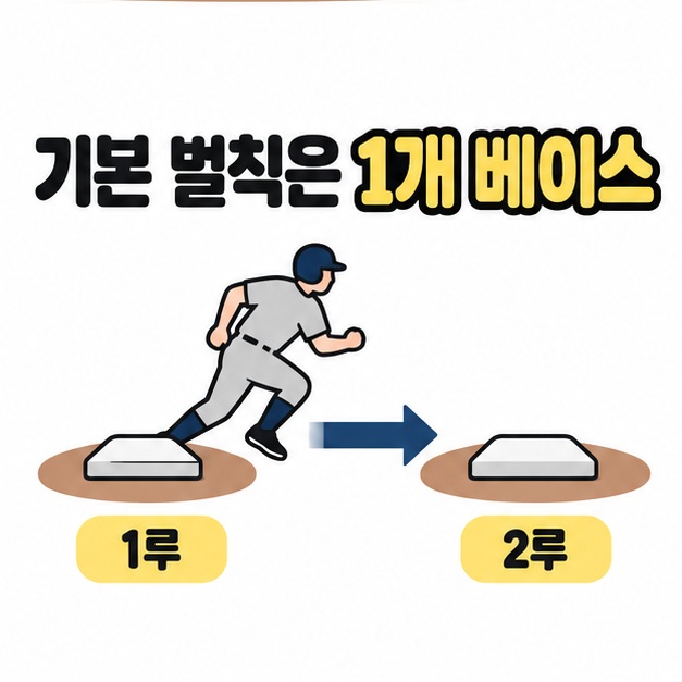 기본 벌칙은 1개 베이스라는 문구 아래 주자가 1루에서 2루로 이동하는 방향을 나타낸 개념 삽화