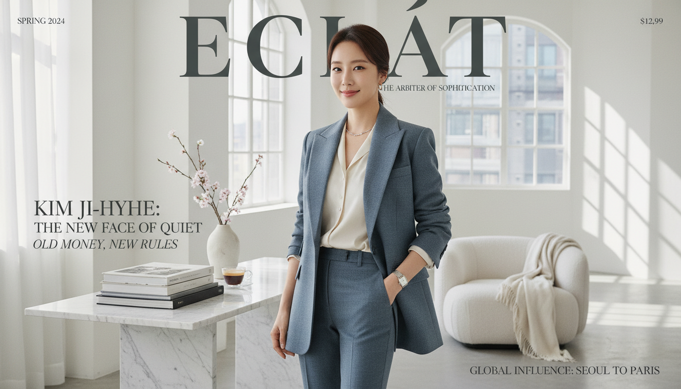 고급스러운 블루그레이 테일러드 재킷을 입고 지적인 매력을 뽐내는 나는솔로 31기 현숙의 매거진 커버 스타일 이미지