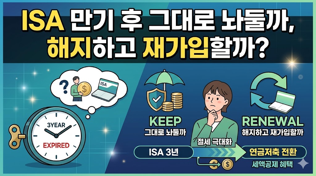 3년 만기 된 ISA 계좌를 그대로 유지할지, 아니면 해지 후 재가입하고 연금저축계좌로 이체하여 추가 세액공제를 극대화할지 고민하는 투자자를 위한 비교 분석 가이드 썸네일 이미지