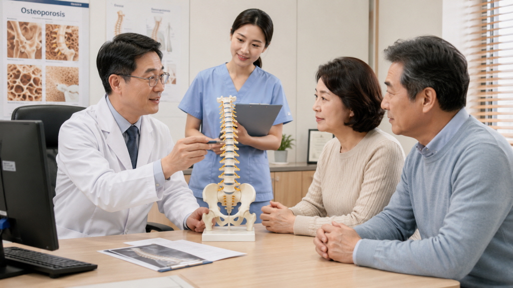 의사 선생님으로 부터 척추 골다공증 통증 설명듣는 모습