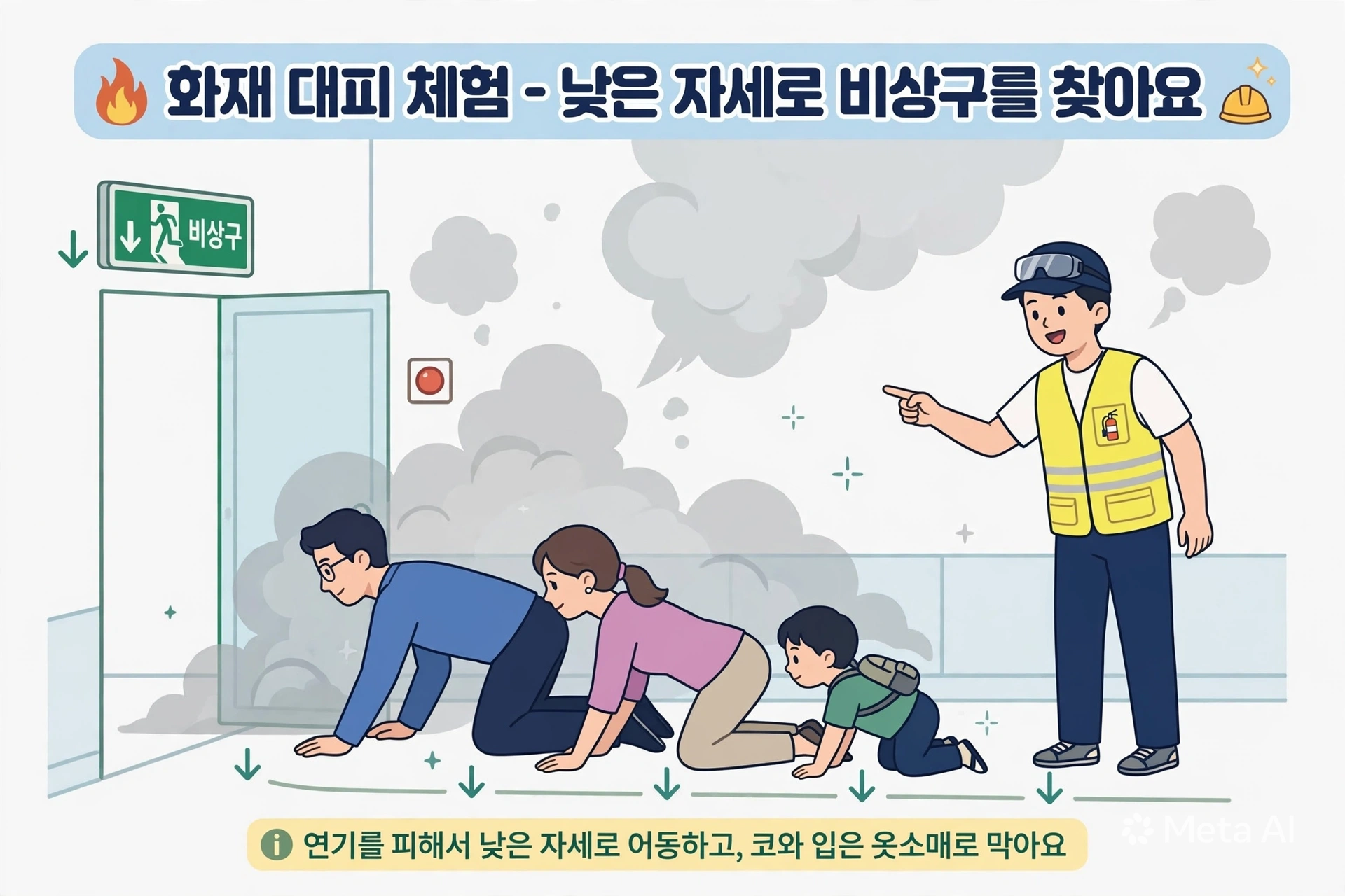 노란 안전조끼를 입은 안전교육 강사가 비상구를 가리키고, 아빠&middot;엄마&middot;아이가 회색 연기를 피해 낮은 자세로 기어가 비상구로 대피하는 일러스트. 상단에 '화재 대피 체험 - 낮은 자세로 비상구를 찾아요', 하단에 '연기를 피해서 낮은 자세로 이동하고, 코와 입은 옷소매로 막아요'라는 한글 안내 문구가 보인다. 초록색 비상구 표지판에는 '비상구'라고 쓰여 있다.