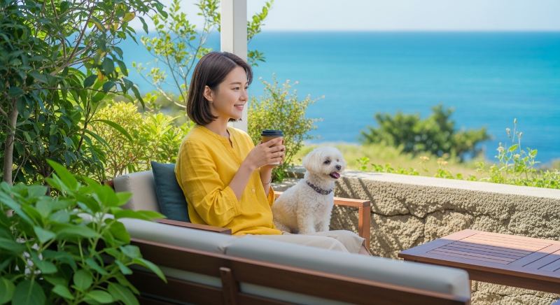 제주 바다를 배경으로 반려견과 함께 아침을 즐기는 30대 여성의 모습. 평화롭고 감성적인 제주 한달살이.