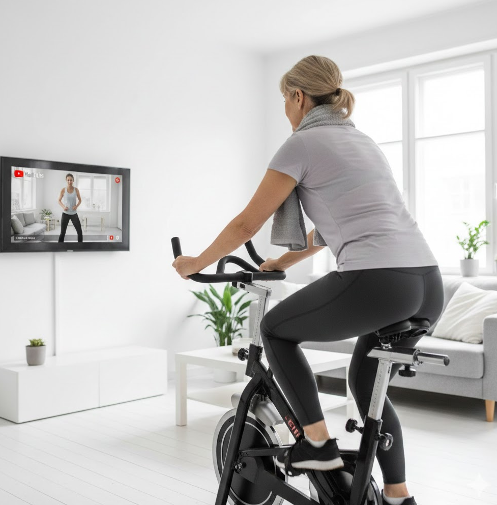 유튜브를 보면서 실내 자전거 운동을 하는 여성