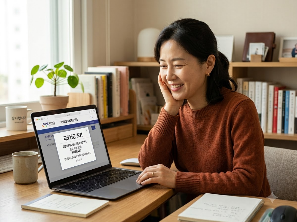 alt="집에서 노트북으로 국민연금 환급금 과오납금 조회를 확인하는 여성"