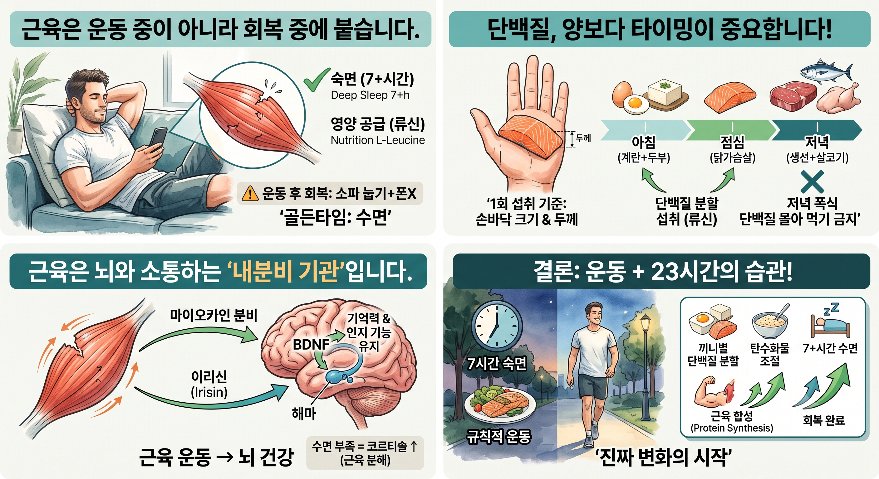 근육 형성을 위한 생활 습관 변화를 설명하는 네 개의 인포그래픽 이미지로 구성되어 있습니다. 첫 번째 이미지는 운동 후 숙면과 영양 공급을 통한 근육 회복을, 두 번째 이미지는 단백질의 분할 섭취 타이밍을, 세 번째 이미지는 근육 운동이 뇌 건강에 미치는 영향을, 네 번째 이미지는 운동과 생활 습관의 결합을 시각적으로 설명합니다.