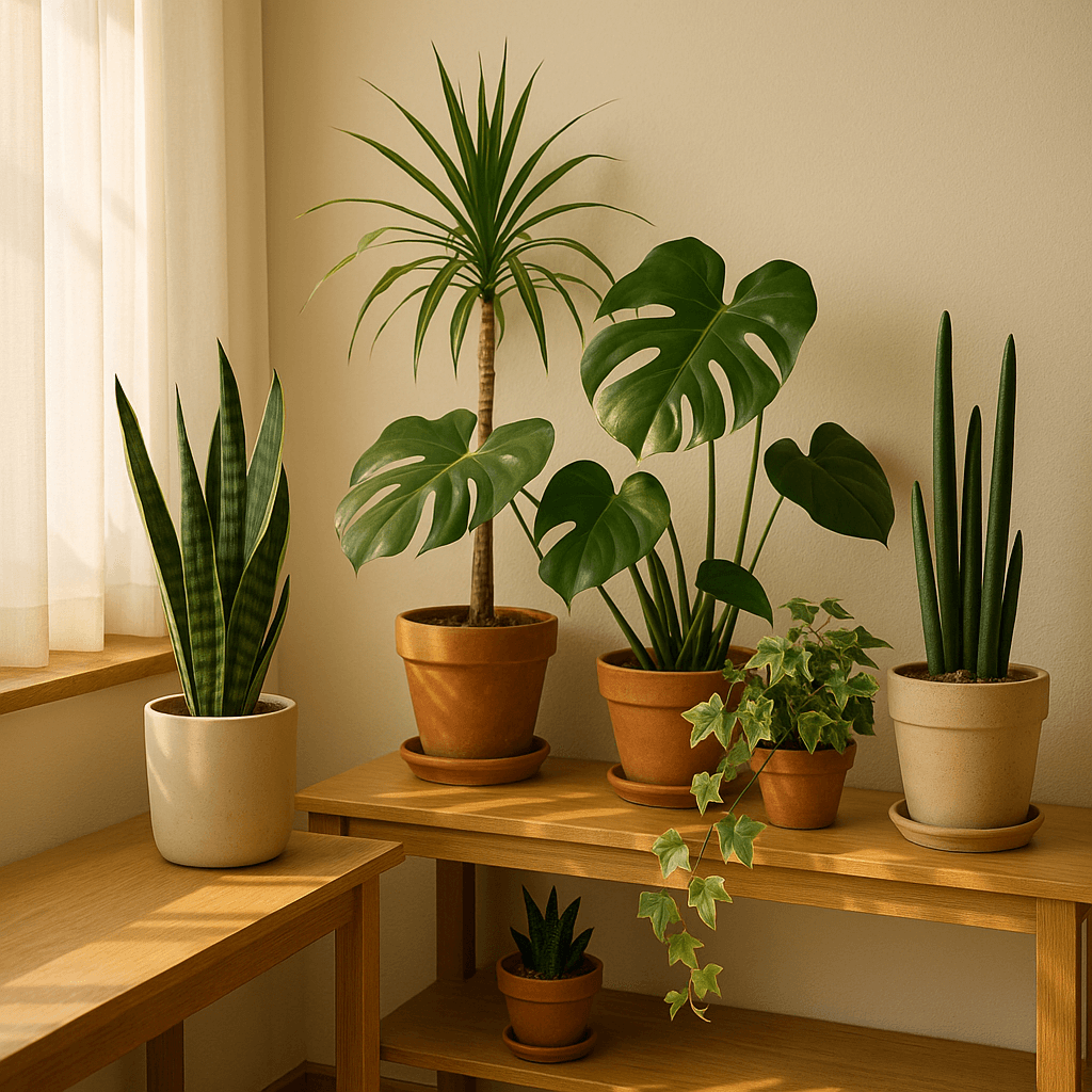 책상 위에 놓인 테이블야자와 아이비로 꾸민 실내 공간