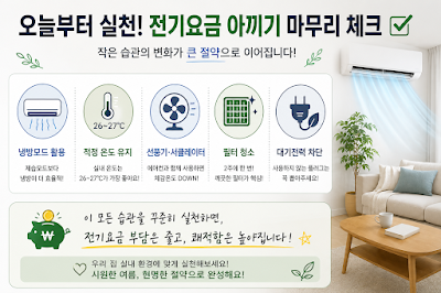 에어컨 냉방과 제습 사용법, 전기요금 절약 핵심 내용을 정리한 이미지