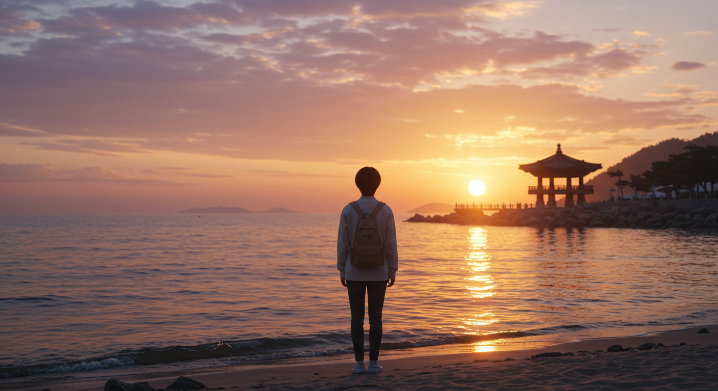 강릉 경포해변에서 일출을 감상하는 한국인 여행자