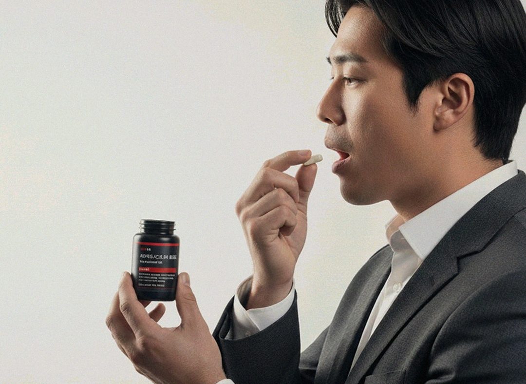 Korean Asian man 39 trainer morning supplement routine at kitchen