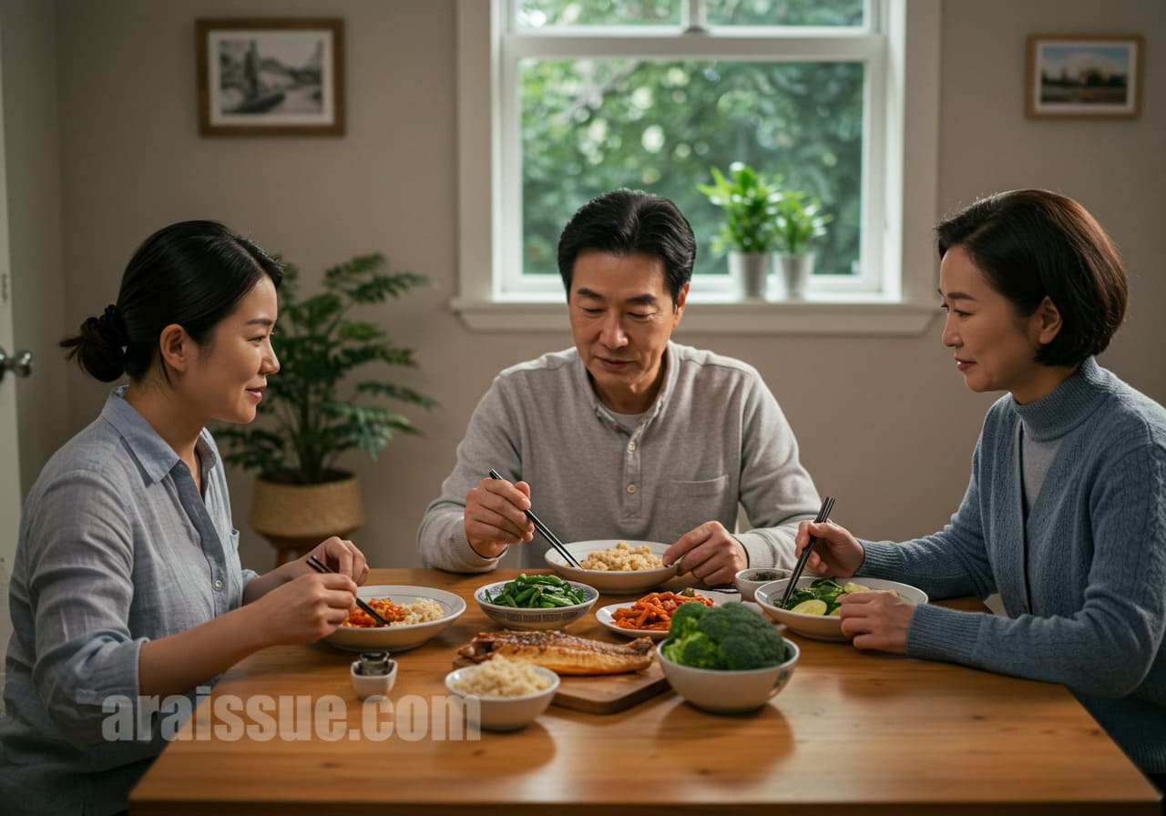 연어와 채소 중심 식단을 먹는 가족