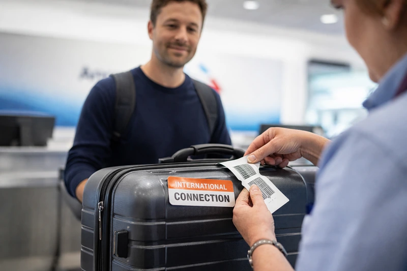 미국 주요 항공사 체크인 카운터에서 직원이 대형 하드셸 캐리어에 수하물 태그를 부착하는 모습. 캐리어 전면의 ‘International Connection’ 태그가 강조되어 있고, 뒤쪽의 남성 여행객이 옅게 미소 짓고 있다.
