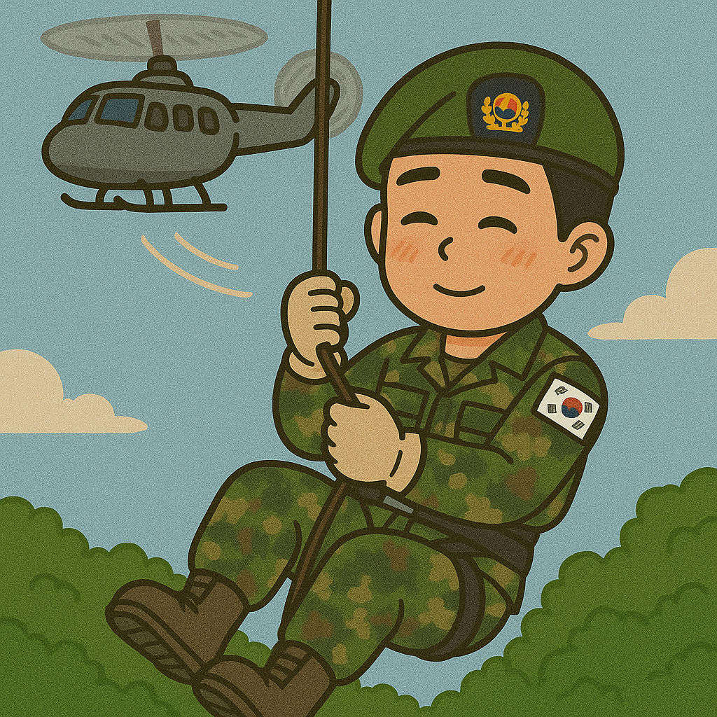 군대에서 헬기 레펠훈련을 하고 있는 군인