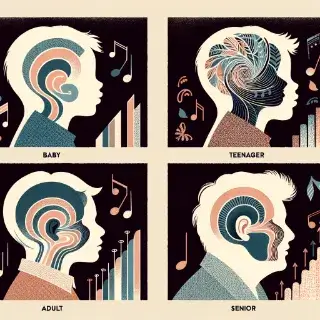 유아&#44; 청소년&#44; 성인&#44; 노인의 옆모습 단면에 보여지는 후두의 다양한 형태와 목소리가 표현된 여러가지 기호들.